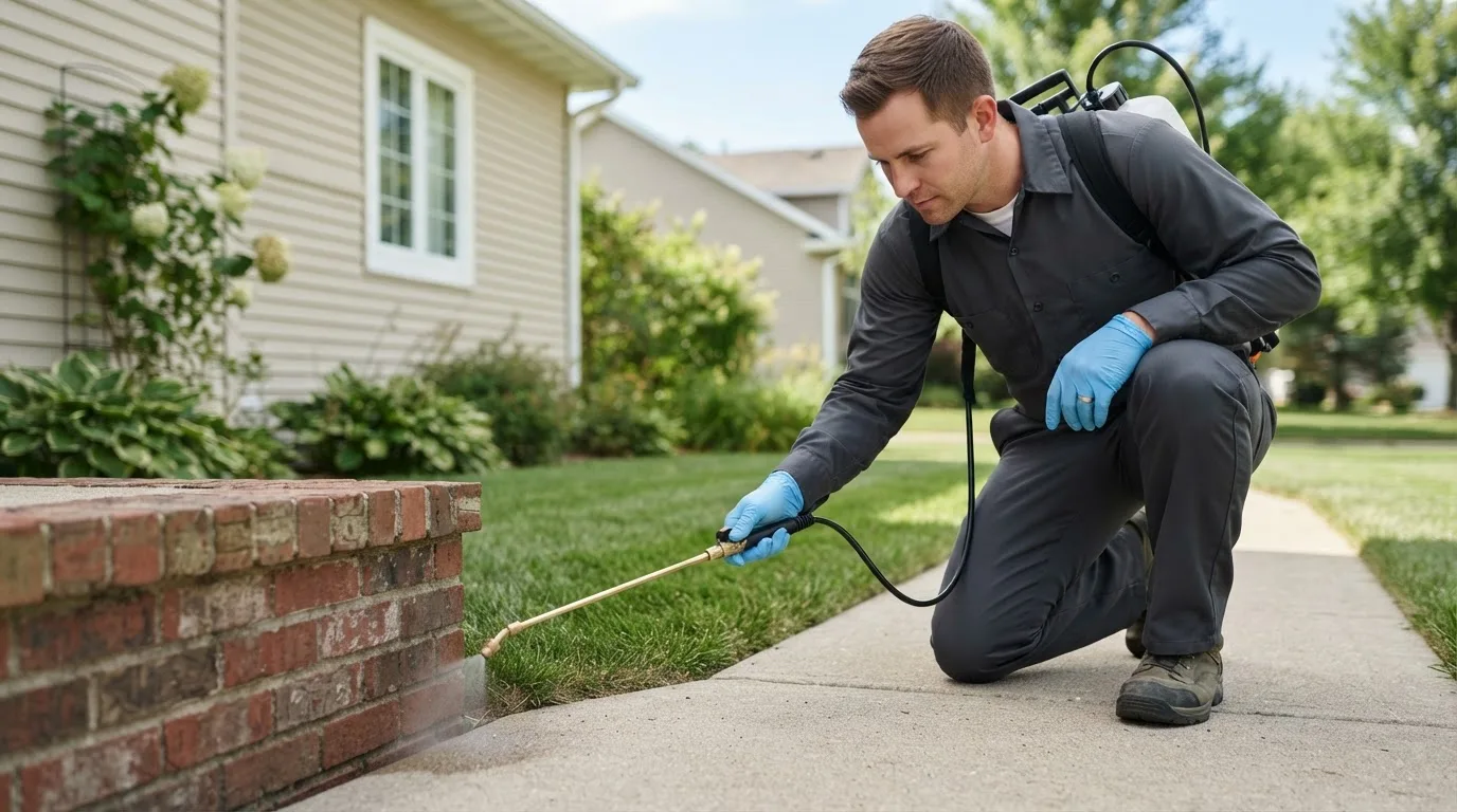 Pest control technician treating a home near Marlboro, VT